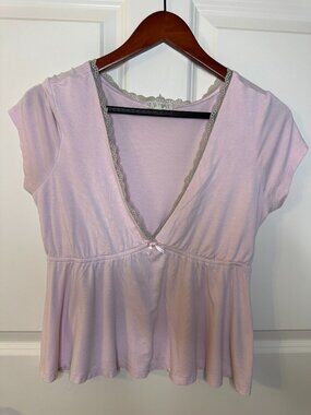 Y2K Pink Babydoll Empire Waist Lace Trim Fairy Coquette Balletcore Top
